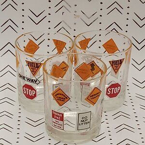 Barware Traffic Roadway Street Signs Drinking GLASSES 8 OZ 3.5" Set of 3 MCM